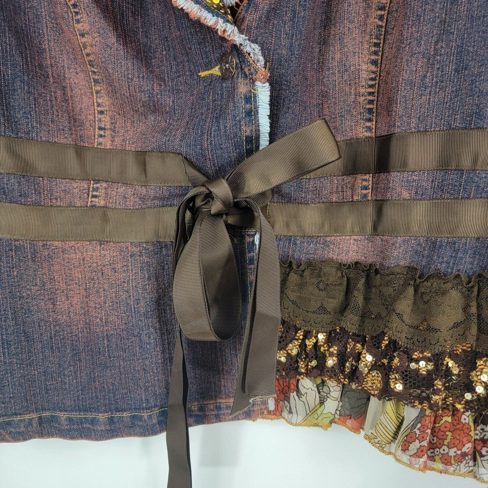 Chagall Womens Sz Large Denim Jacket Sequins Ribbon Tie Fray Edges - Picture 3 of 5
